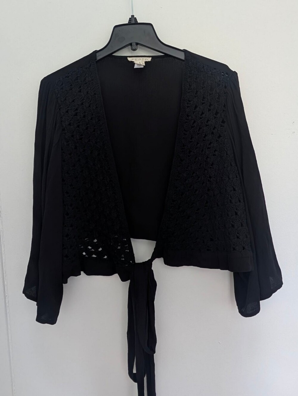 Festi Black Crochet Tie Front Kimono Top Cropped Wide Sleeve Boho Chic Plus - 3X